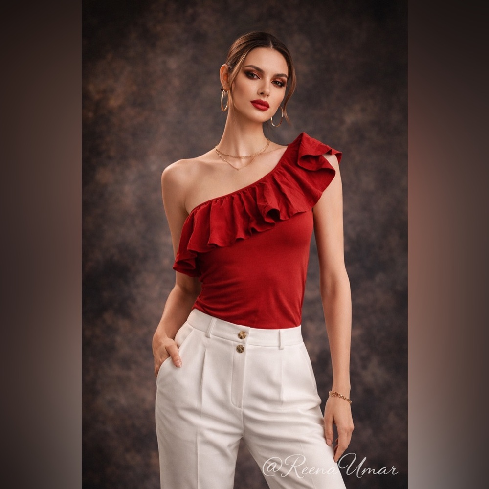 NWOT BCBGMAXAZRIA Courtnie One-Shoulder Ruffle Top – Brick Red | Size XS/S